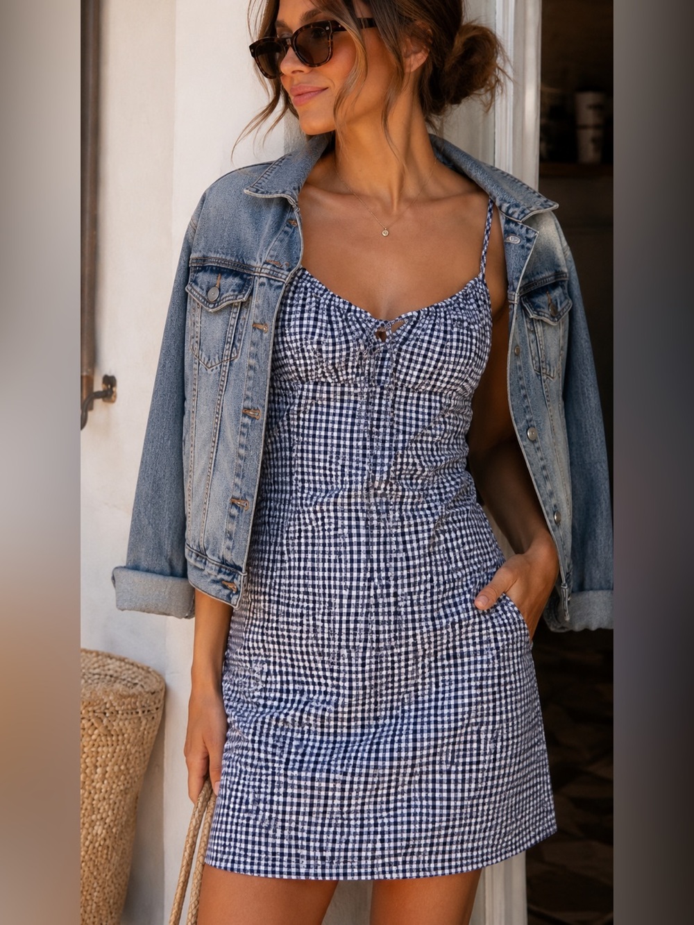 Sky & Sparrow Navy Gingham 100% Cotton Mini Dress | Cottagecore | XS